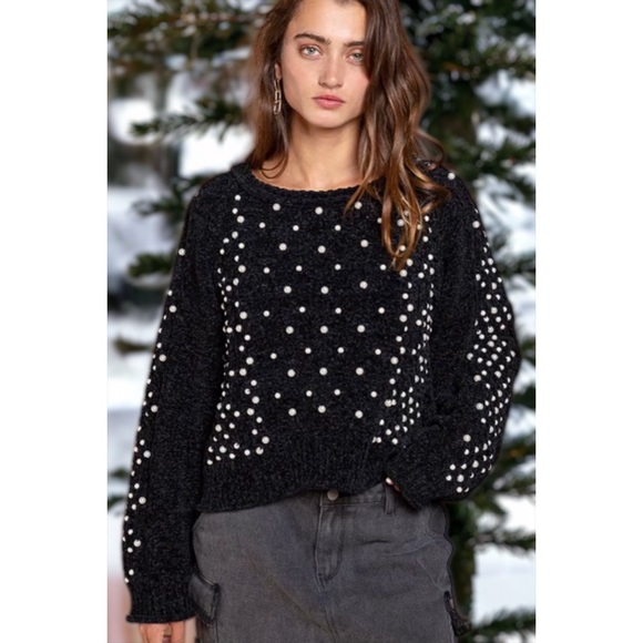 POL Pearl Beaded Black Velvet Chenille Sweater Relaxed Fit - Picture 9 of 13